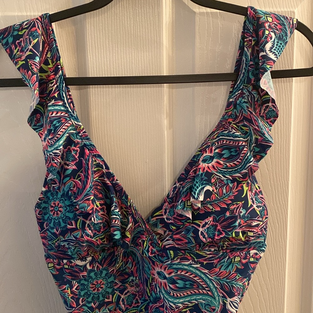 Caribbean Joe V-neck One Piece Swimsuit Ruffle Midnight Blue Paisley - Picture 2 of 8